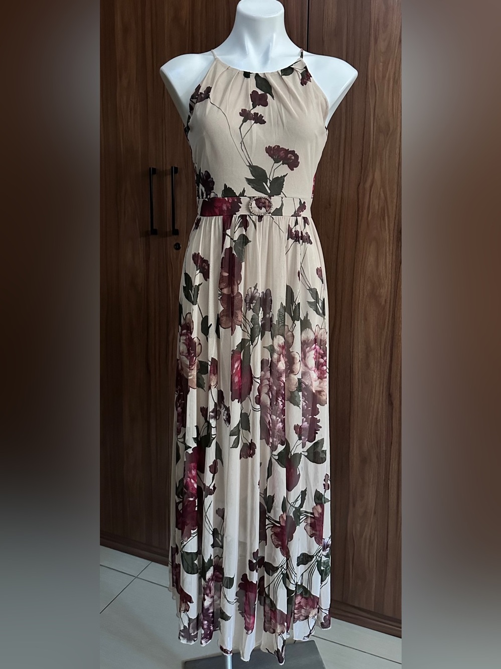 Alexa B. Nites Halter Floral Maxi Dress - Cream Burgundy Mesh Overlay - Size 4P